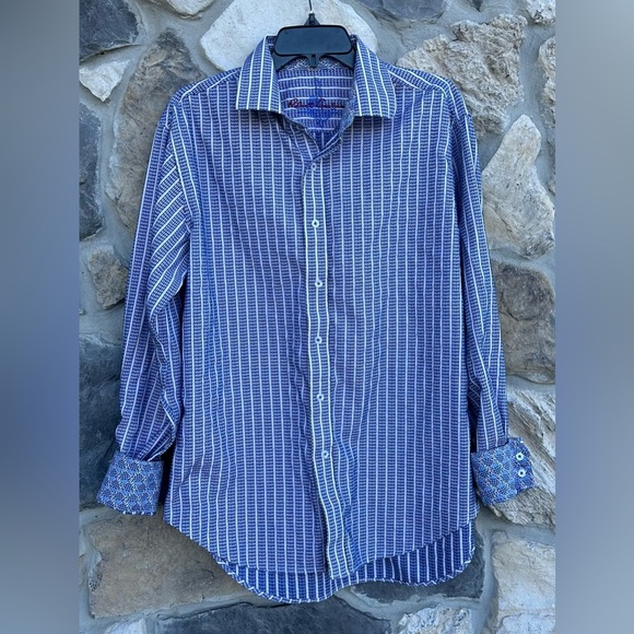 Robert Graham Flip Cuff Shirt Size L Button Up Blue Mini Houndstooth Print - Picture 1 of 9
